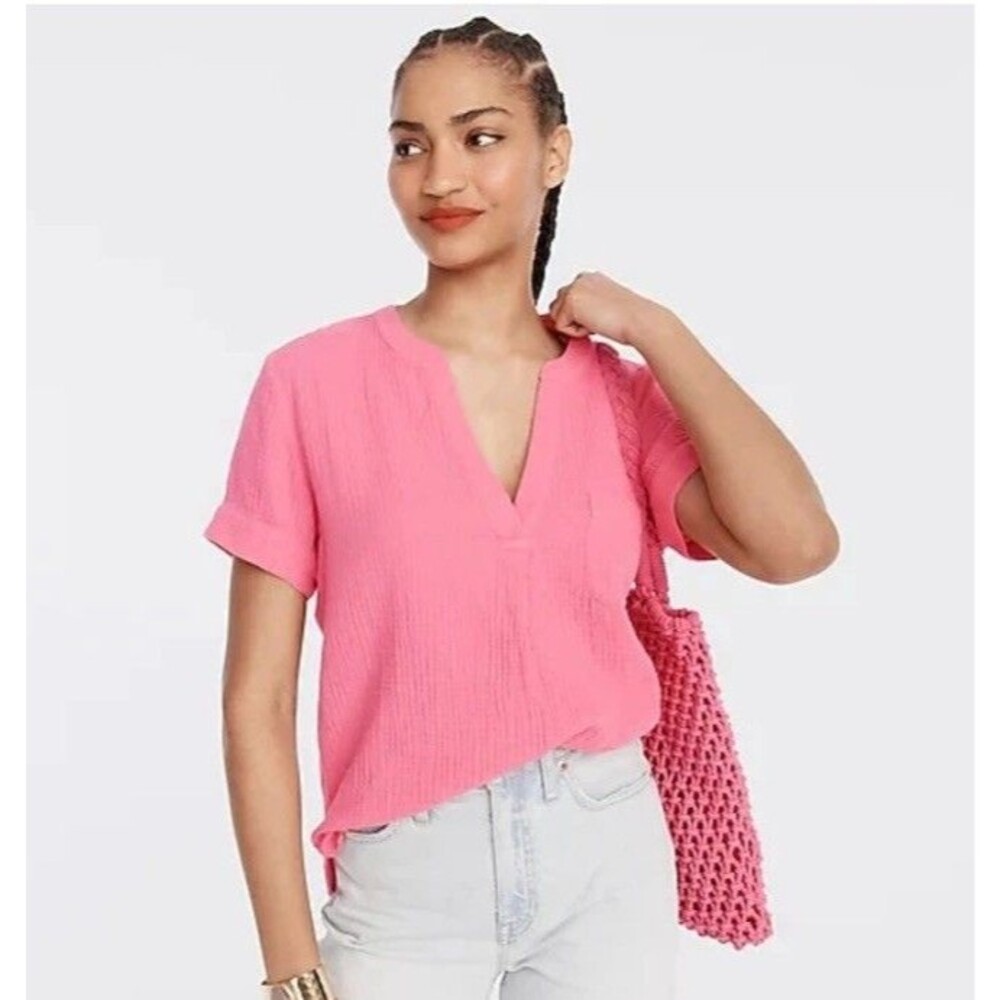 J.Crew V-neck Muslin gauzy popover short sleeve blouse top women XL Barbie pink
